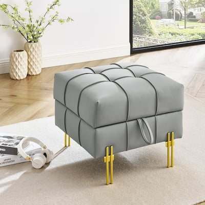 22 inches Anti-scratch Leather Storage Ottoman, Pet Friendly Entryway Bench with Golden Stainless Steel Legs, Gray