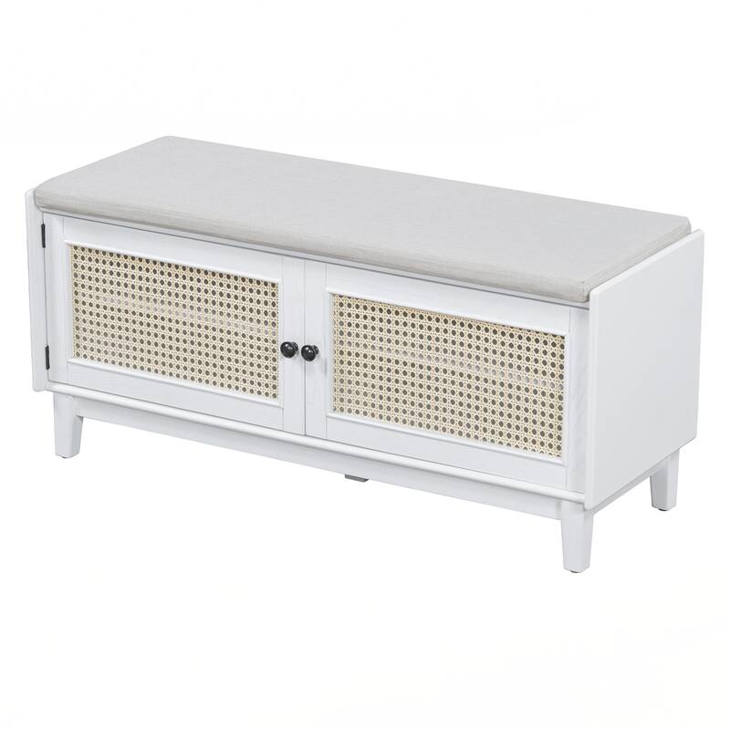Rattan Entryway Bench with Storage, Cushioned Shoe Bench with Double Doors