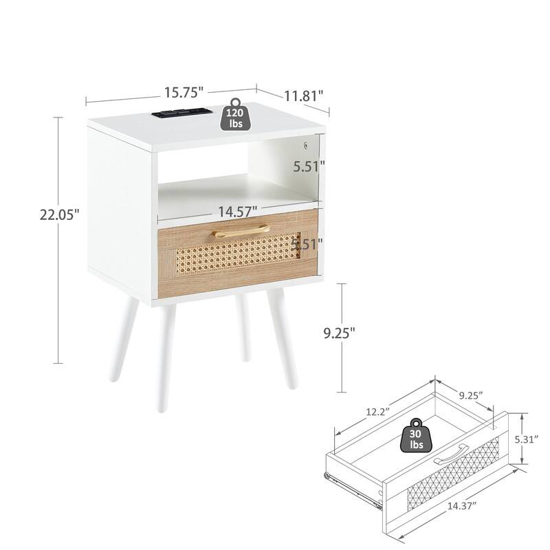 Mid-Century End Table with Drawer and Charging Station Rattan Nightstand-White