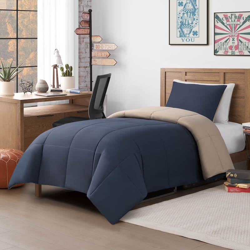 Lucky Brand Box Stitch Reversible Comforter Sets - Twin - Twin XL - Vintage Blue Indigo/Tan