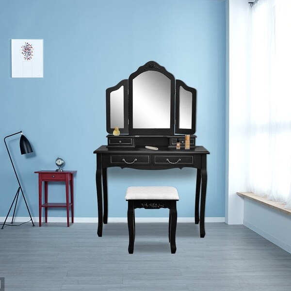 57" 3-fold Wood Dressing Makeup Vanity Table Set with Stool&Mirror. Opens flyout.