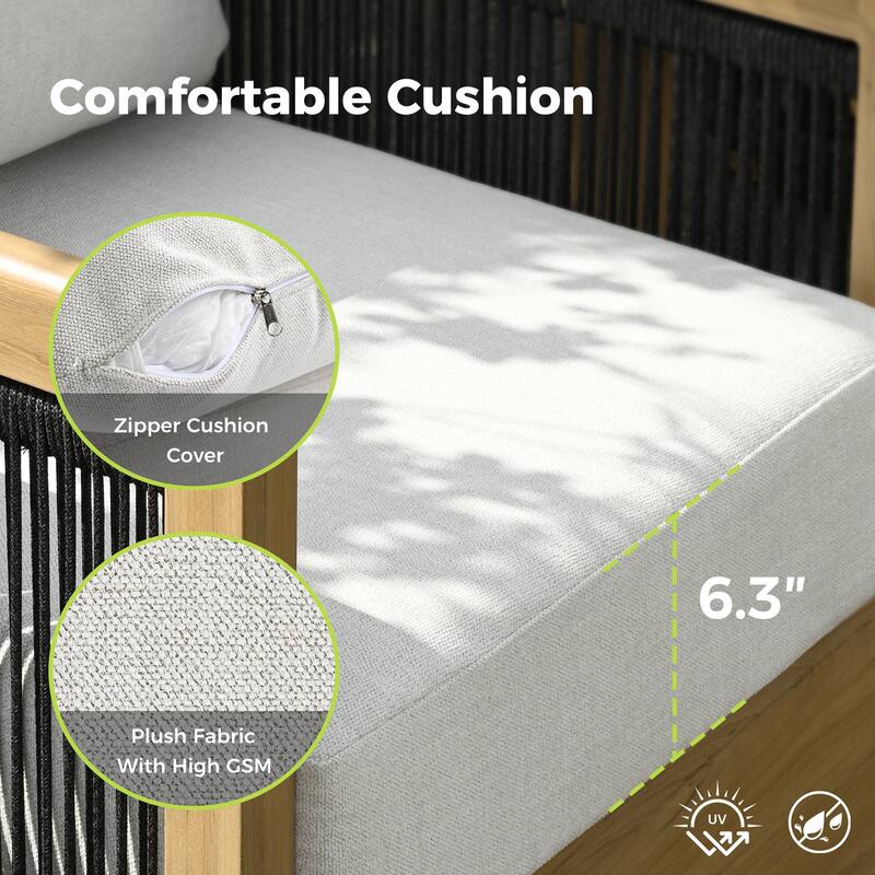 Overture 1-Piece Natural Wood Grain Aluminum Hand-Woven Rope Patio Swivel Sofa Chair with Beige Cushions