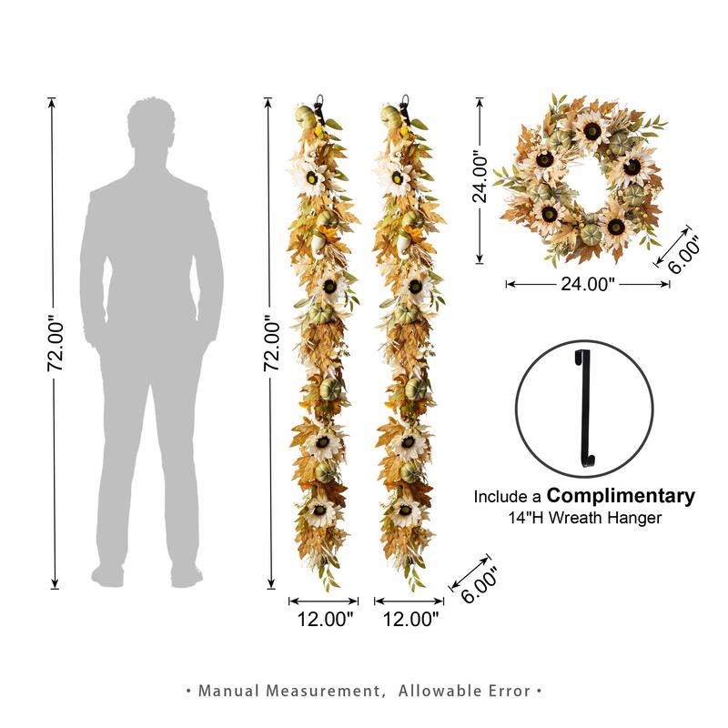 Glitzhome 5-Piece Fall Multi-Colored Sorghum Sunflower Pumpkin Wreath & Garland & Porch Tree Set