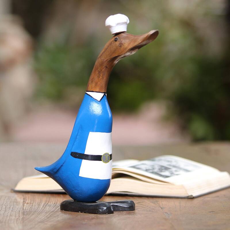 Handmade Chef Duck Wood And Bamboo Root Sculpture (Indonesia) - 13" H x 3.5" W x 9.5" D