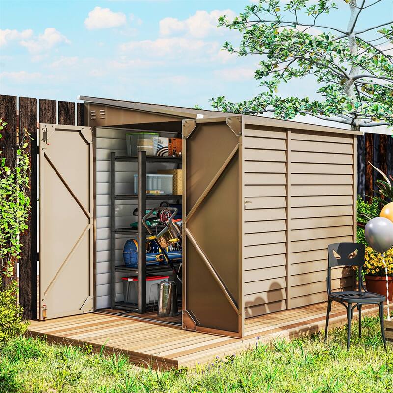 Outdoor Garden Shed With Double Doors Steel Frame And Ventilation - Brown