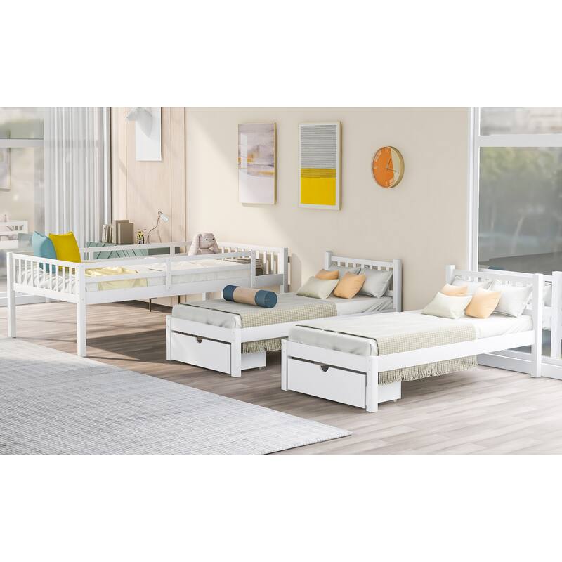 Full Over Twin Wood Triple Bunk Bed with Drawers, Guardrails, and Angled Ladder - Space-Saving Design