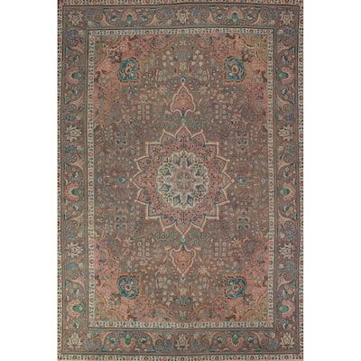 Brown Floral Tabriz Persian Rug Traditional Hand-Knotted Wool Carpet - 8'2"x 11'7"