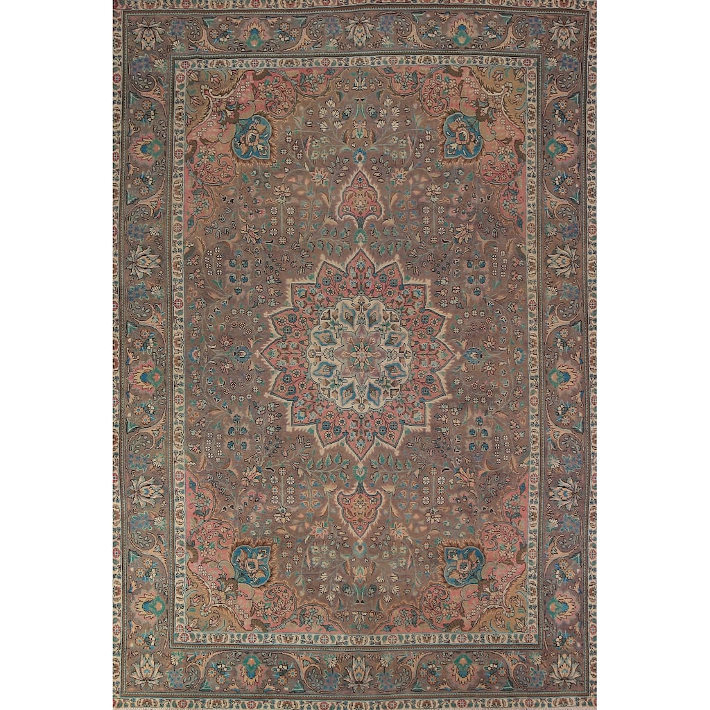 Brown Floral Tabriz Persian Rug Traditional Hand-Knotted Wool Carpet - 8'2"x 11'7"