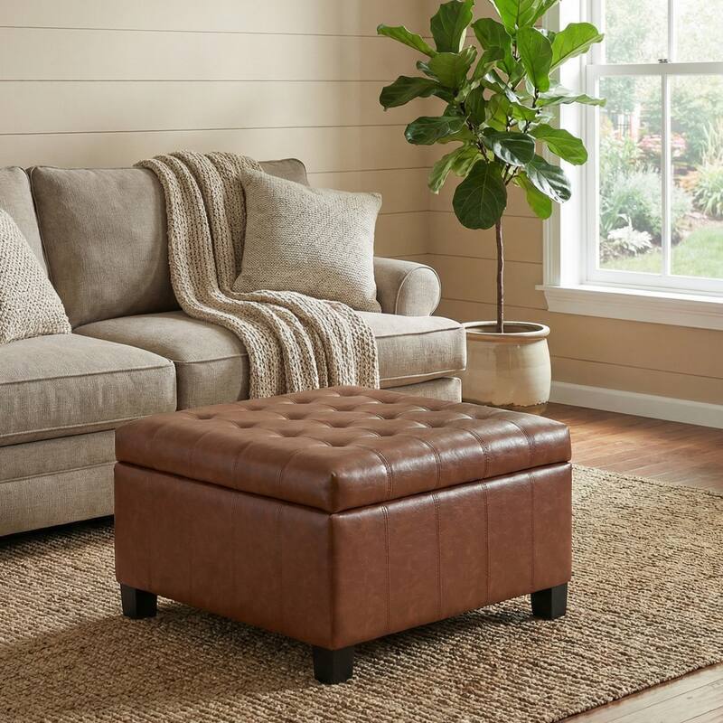 30.25" Square PU Storage Ottoman with Lift-Top & Rubber Wood Legs