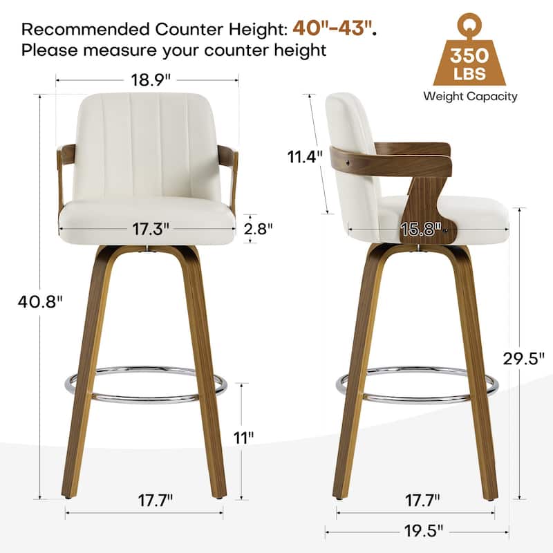 Upholstered Swivel Barstool with Arms and Bentwood Legs - 40.8"H x 18.9"W x 19.5"D/19.3"D