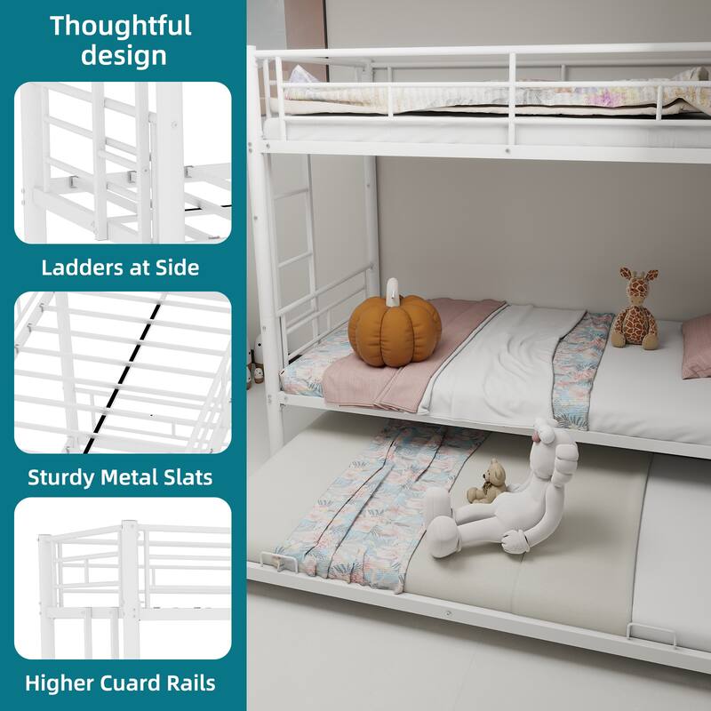 Metal Twin Over Twin Bunk Bed Frame with Ladders and Guardrail, Convertible to 2 Beds, Optional Trundle Bed