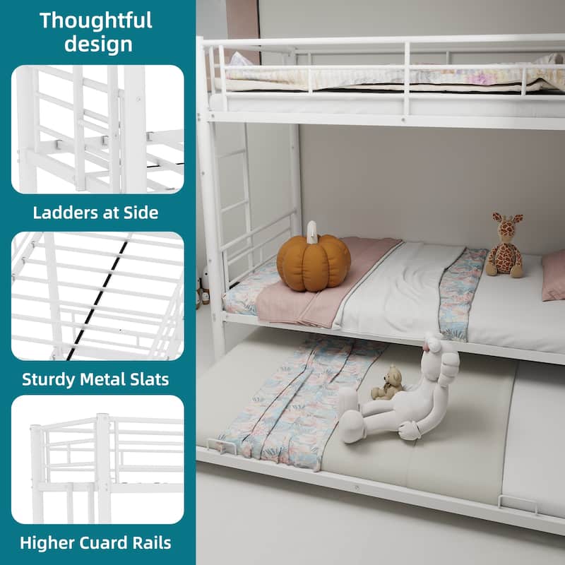 Roomfitters Heavy-duty Sturdy Metal Twin over Twin Bunk Bed with Trundle, Noise Reduced, Safety Guardrail, No Box Spring Needed
