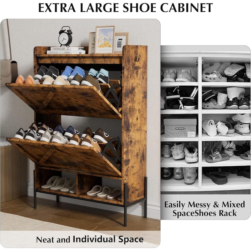 Shoe Cabinet with 2 Flip Drawers and Open Shelves