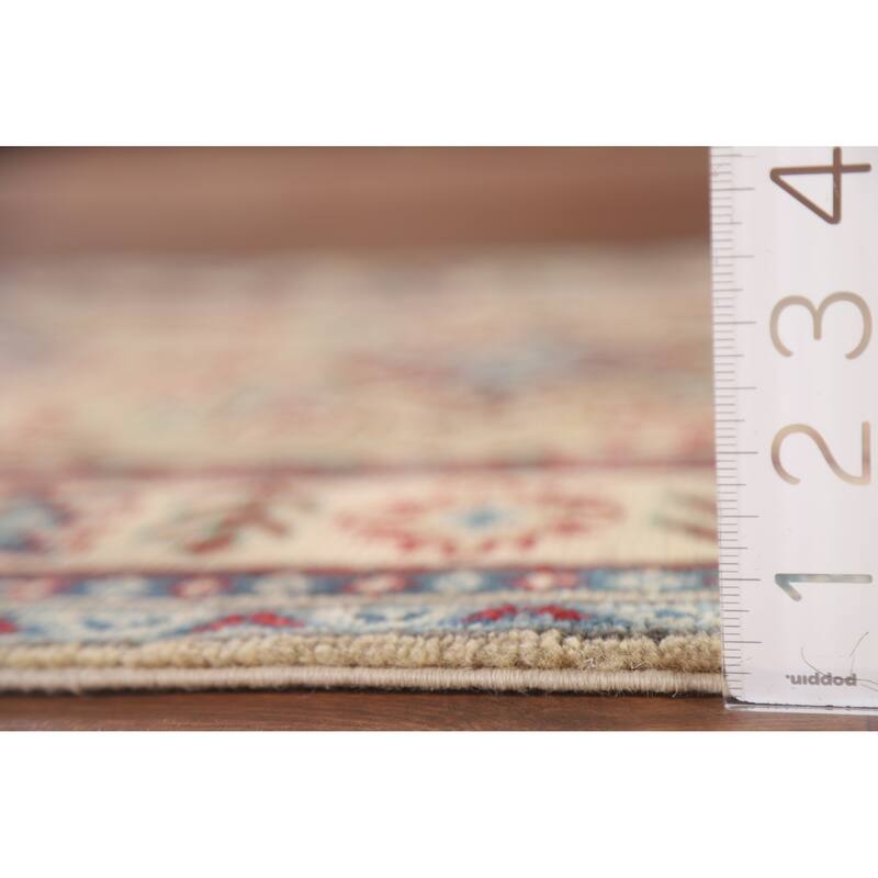 Hand Knotted Oriental 100% Wool Carpet Traditional Geometric Beige & Ivories Kazak Runner Rug - 12' 8'' X 2' 10''