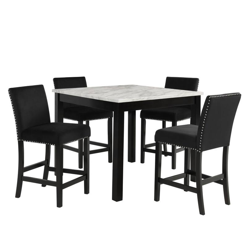 5pc Counter Height Dining Set Square Faux Marble Table Velvet Upholstered Tufted Nail Head Chairs Wooden Leg