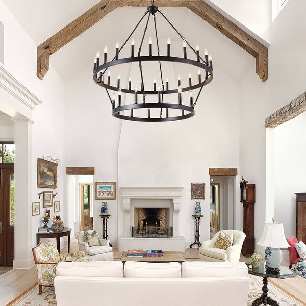 Large Wagon Wheel Chandelier 2 Tier 36 Lights High Ceiling Chandelier 48x48x88in