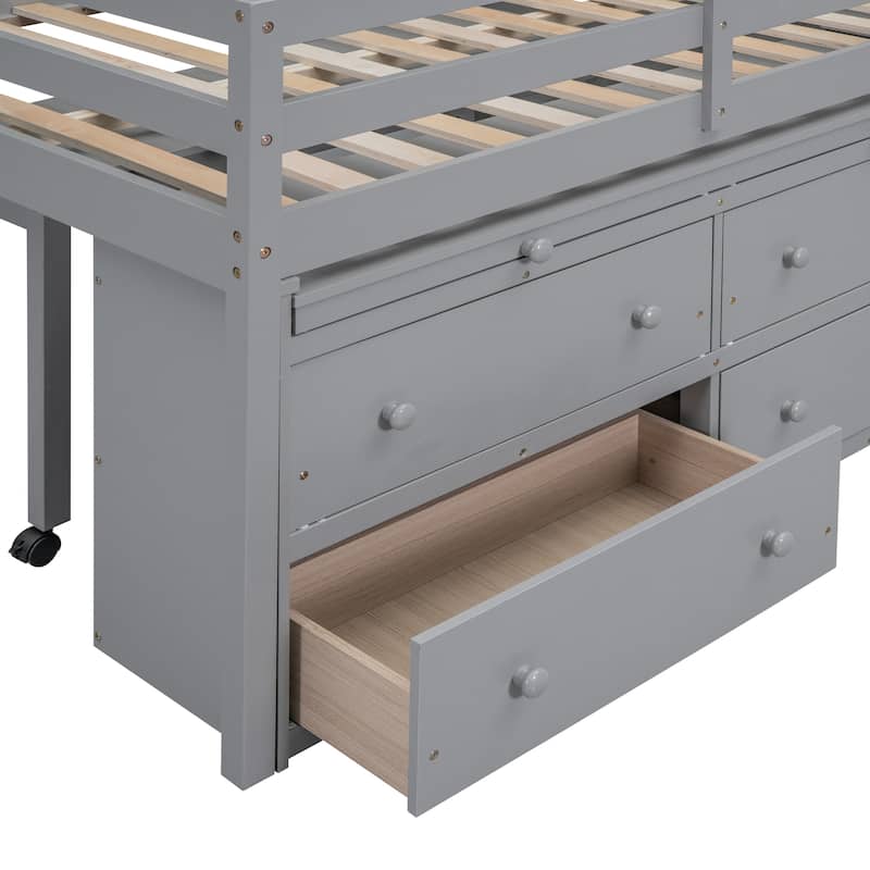 Wooden Loft Bed with Retractable Writing Desk, Lateral Portable Desk, Shelves and Drawers
