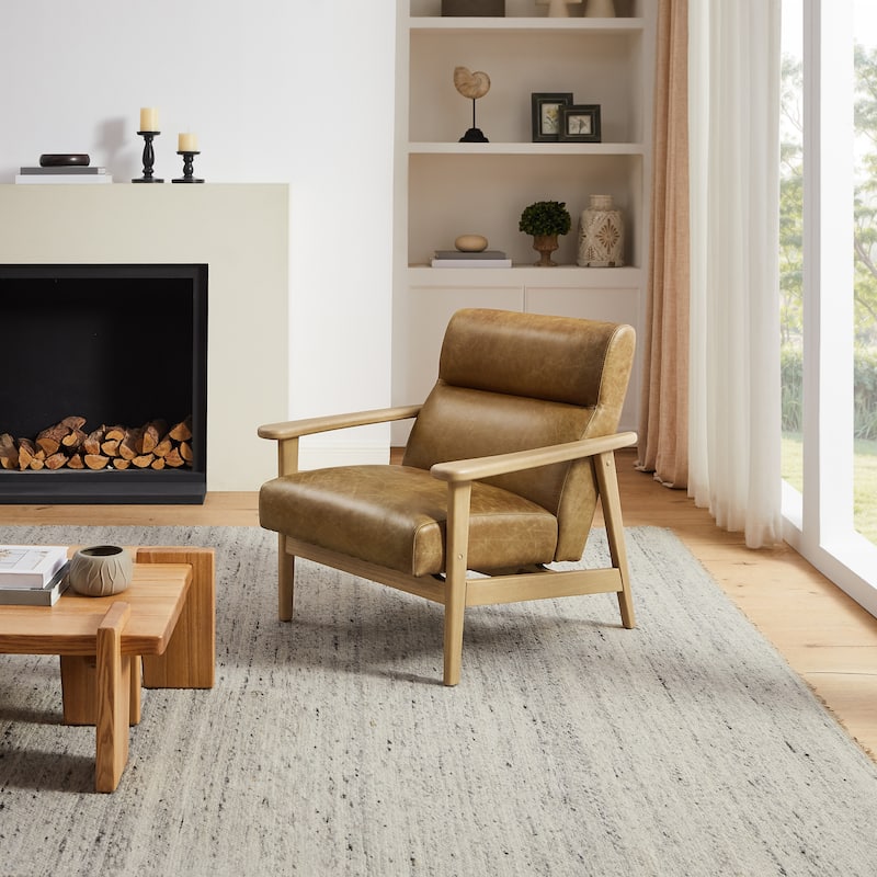 Modern Genuine Leather Accent Armchair with Natural Solid Wood Frame