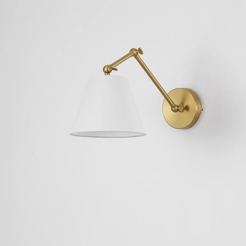 1-Light Modern Brushed Gold Adjustable Swing Arm Wall Sconce with Cone Fabric Shade for Bedroom, Study