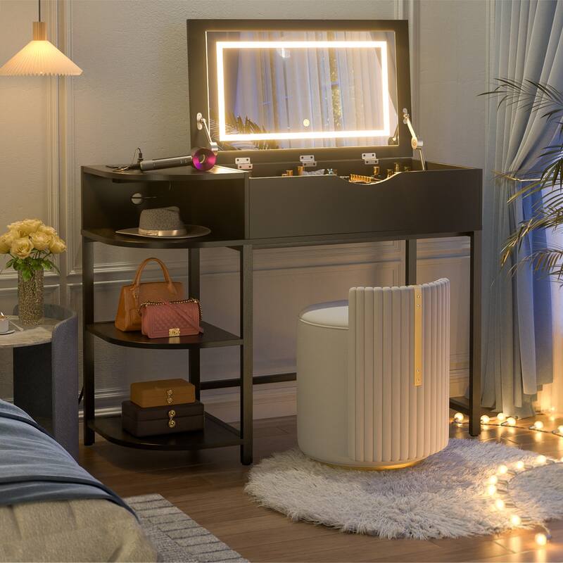 Flip Top Vanity Desk with LED Mirror and Charging Station, Modern Makeup Table with Hiden Storage