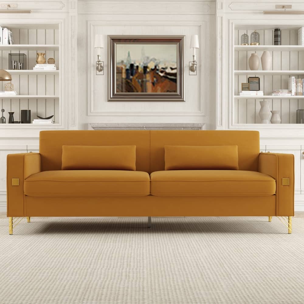 Modern 85.63" Velvet 3-seater Sofa with Gold Accents and Plush Cushions for Living Room