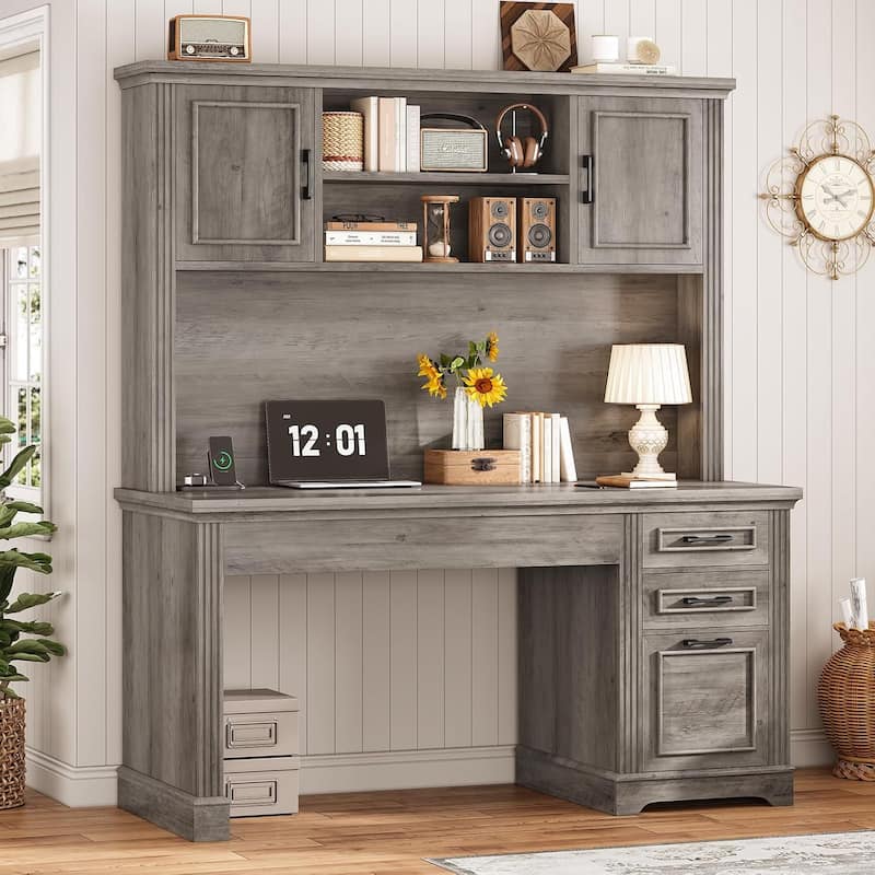 Farmhouse Executive Desk Home Office Desk File Drawer Monitor Stand Power Outlet - 47.2" - Grey