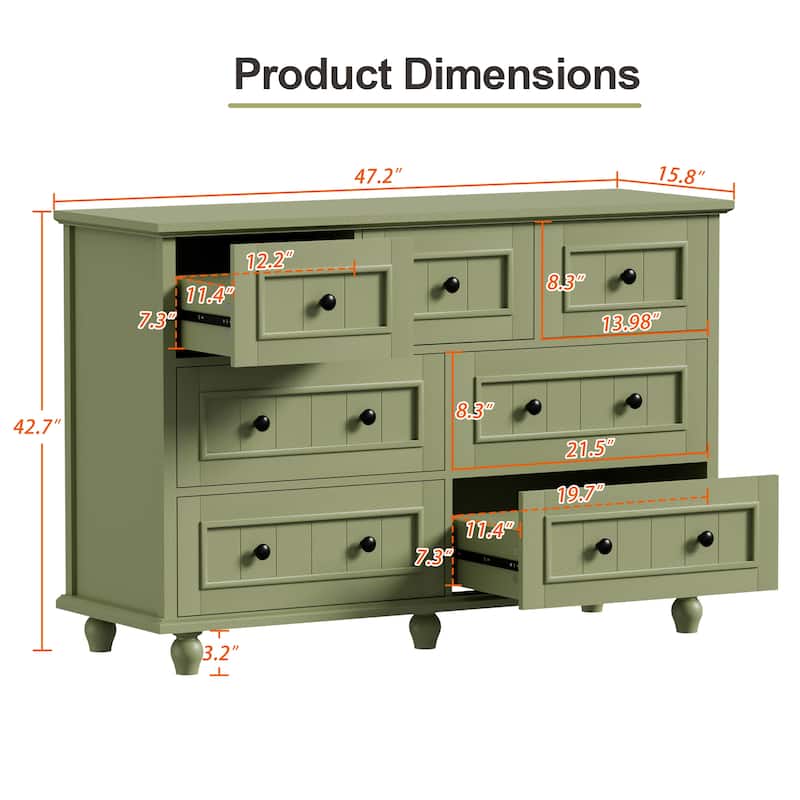 47"W Retro 7-Drawer Dresser Farmhouse Wood Dressers Chest of Drawers