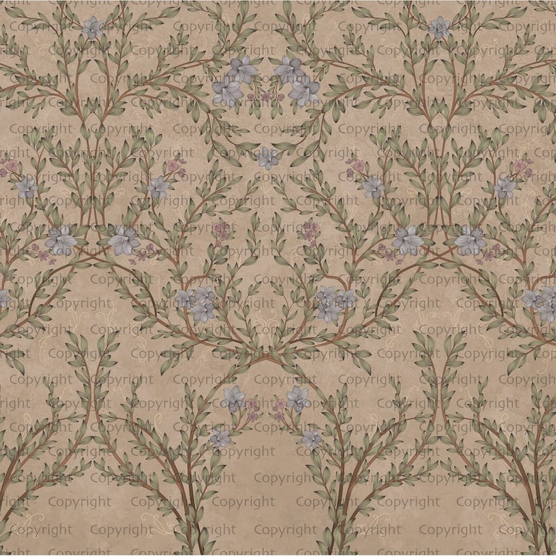 Vintage Branches Soft Blue Blooms Pattern Wallpaper Mural - Beige - W:204" x H:110"