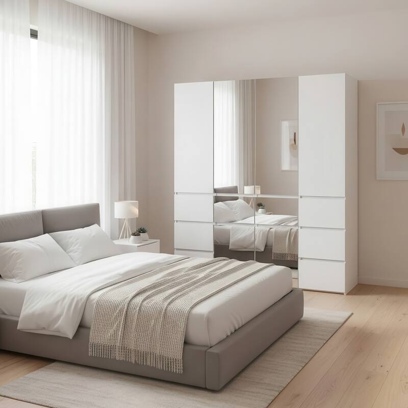 Elise Modular Wood Closet System with Mirror in White - 62.8"D x 17.72"W x 70.9"H