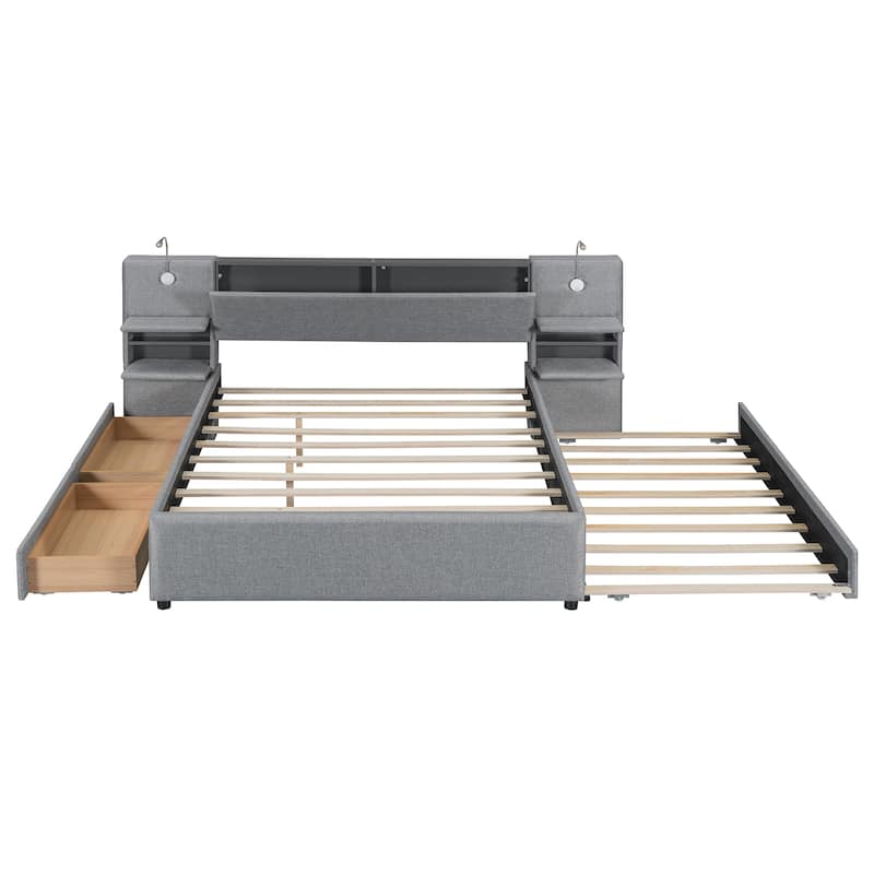 Queen Size Upholstered Platform Bed with Drawers Trundle Flip-up Storage Headboard Side Storage Racks Reading Lights Linen