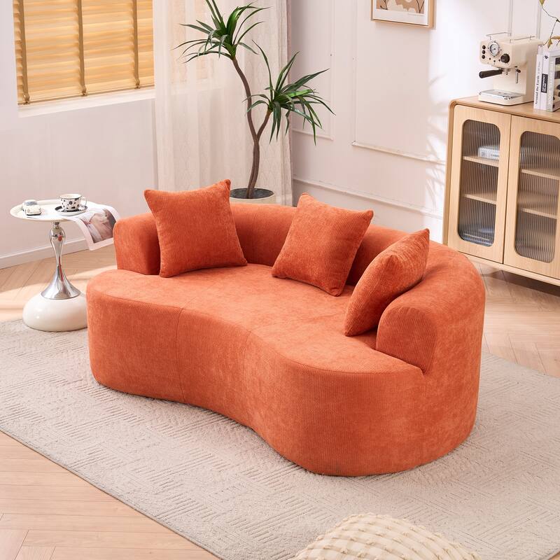 Chenille Crescent-Shaped Loveseat Sofa, High-Resilience Foam Filled 3-Seater Sofa, Upholstered Floor Sofa with Pillows