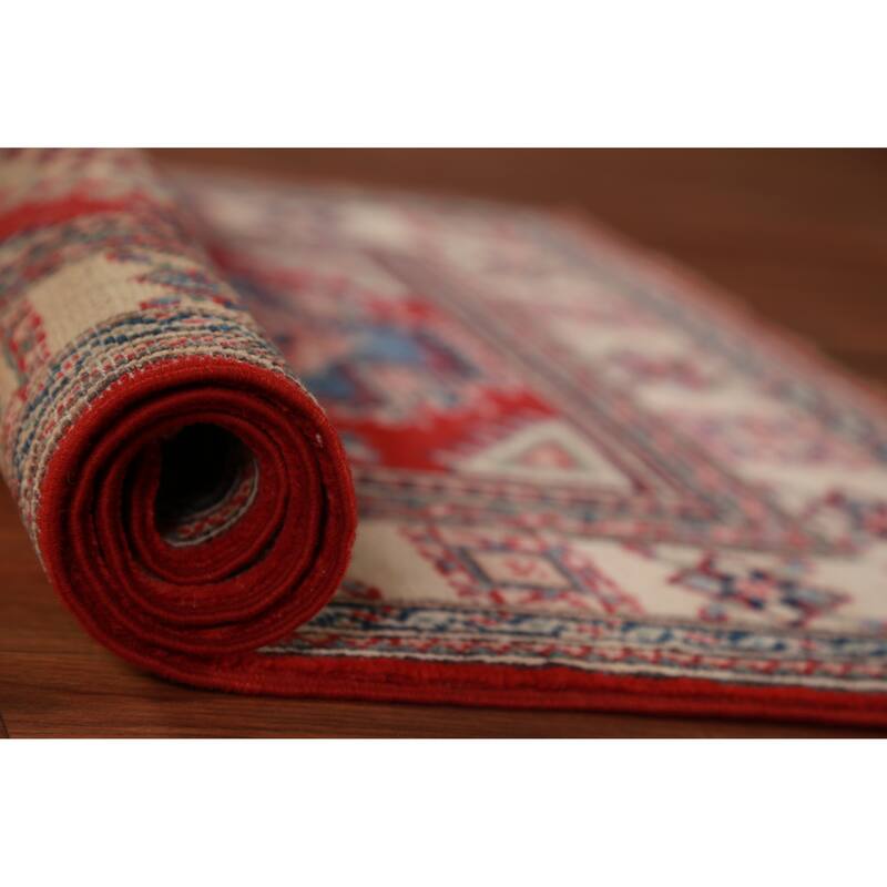 Geometric Kazak Foyer Rug Hand-Knotted Red Wool Carpet - 2'8"x 3'10"