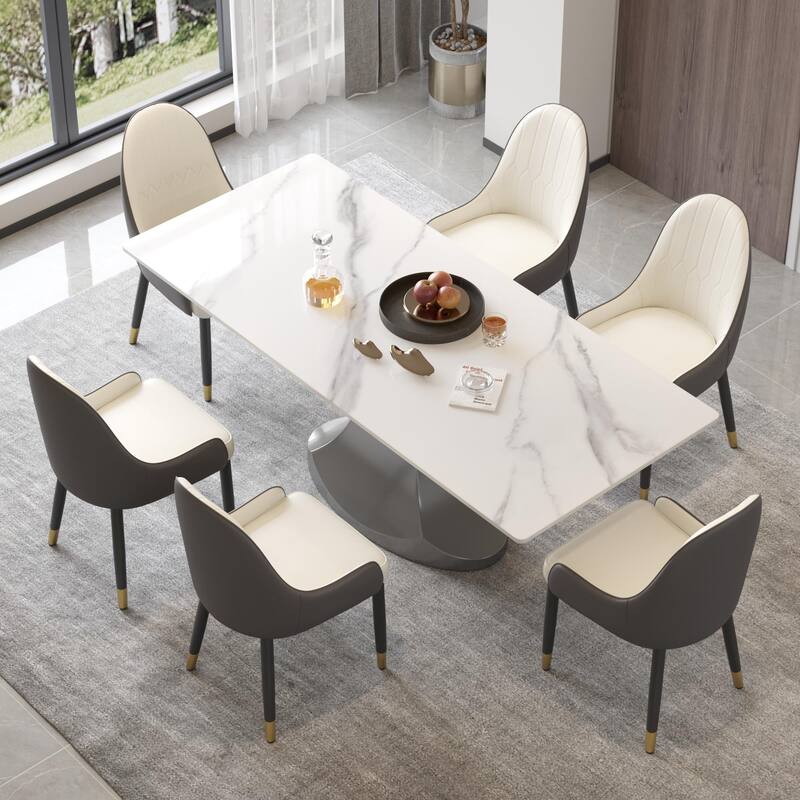 Rectangular Dining Table, Faux Marble Kitchen Dining Table with Grey Pedestal. - White - 78.74"