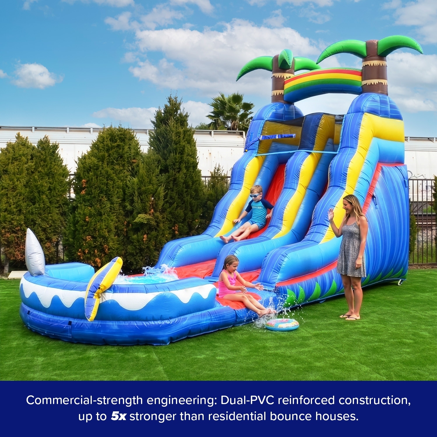 HeroKiddo 22 Ft Ocean Shark Inflatable Water Slide with Detachable Pool, Indoor Outdoor Wet Dry Slide