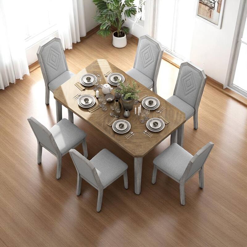 7-Piece Dining Set with Upholstered Chairs, Solid Wood Frame and MDF ...