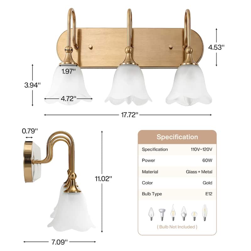 3-Light Modern Brass Gold Bathroom Vanity Light