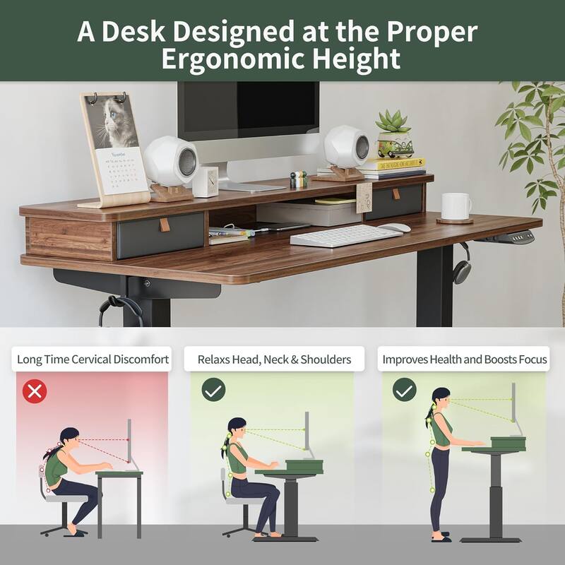 FEZIBO Height Adjustable Electric Standing Desk with Double Drawer, Stand Up Desk with Storage Shelf, Sit Stand Desk