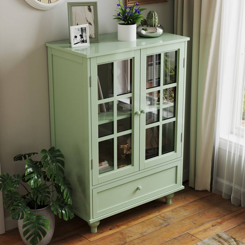 Buffet Cabinet with Double Glass Doors, Sideboard Cabinet with Drawer, Wooden Storage Cabinet with Adjustable Shelf