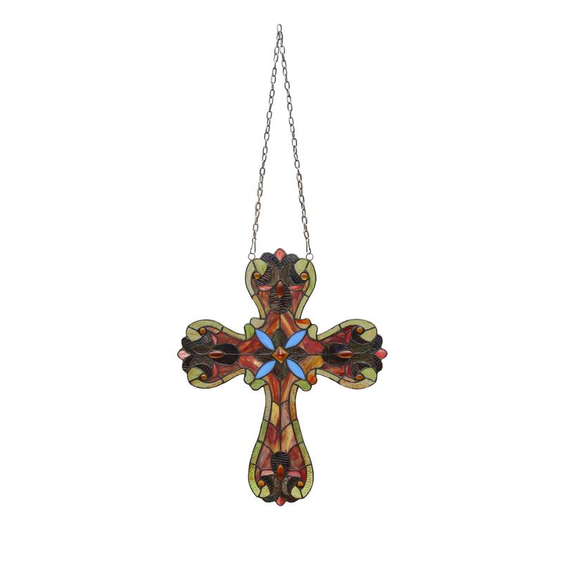 20" x 16" Victorian Design Cross Stained Glass Panel/ Suncatcher