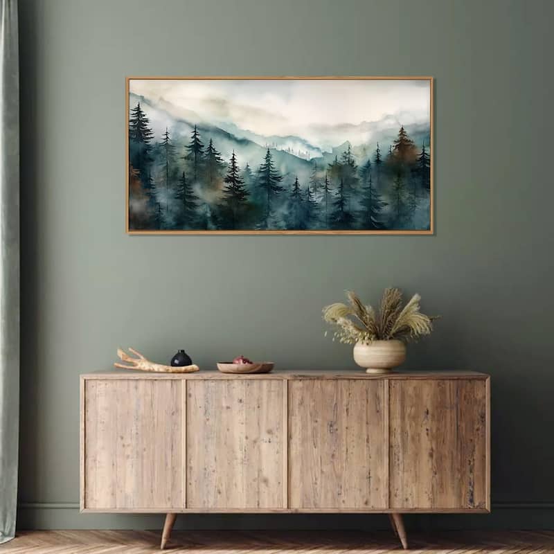 Nature Landscape Wall Decor, Foggy Mountain Pine Trees Wall Painting