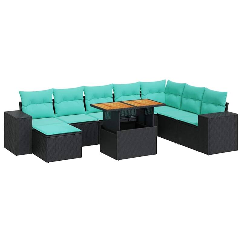 vidaXL 9 Piece Patio Sofa Set with Cushions Black Poly Rattan - 21.7 x 24.4 x 27.2