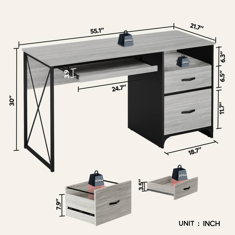 55 inch Computer Desk with Keyboard Tray and Storage Drawers