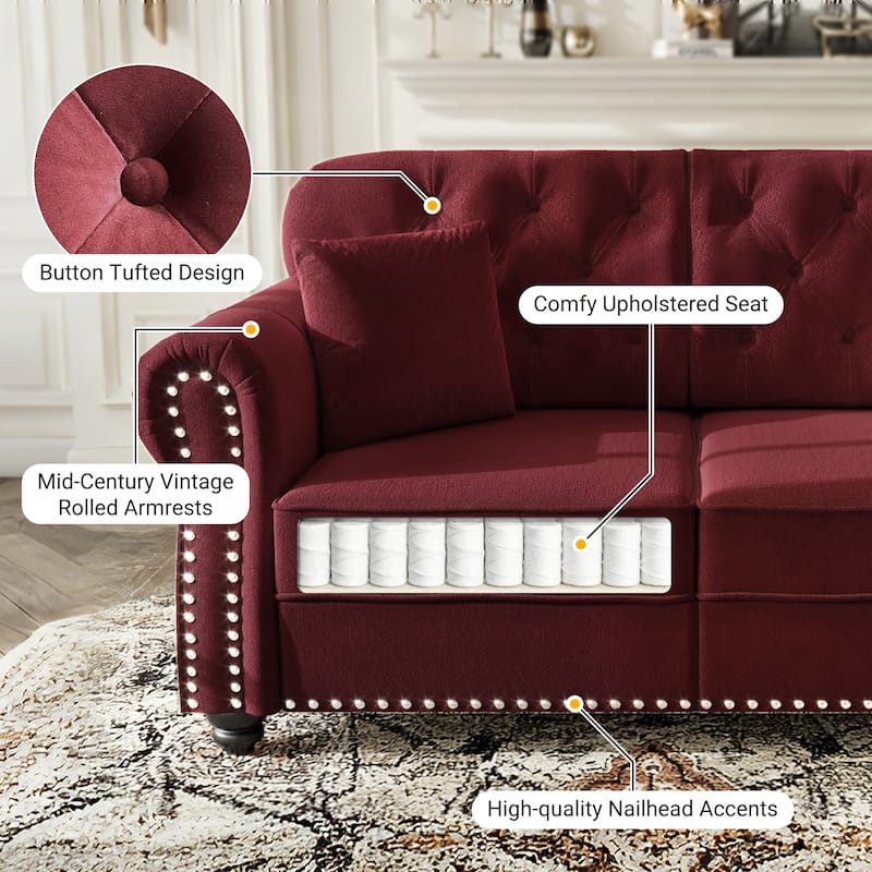 Velvet Chaise Lounge Chair with Ottoman, Mid-Century Modern Chesterfield Single Sofa Chair with Rolled Arms & Nailhead Trim