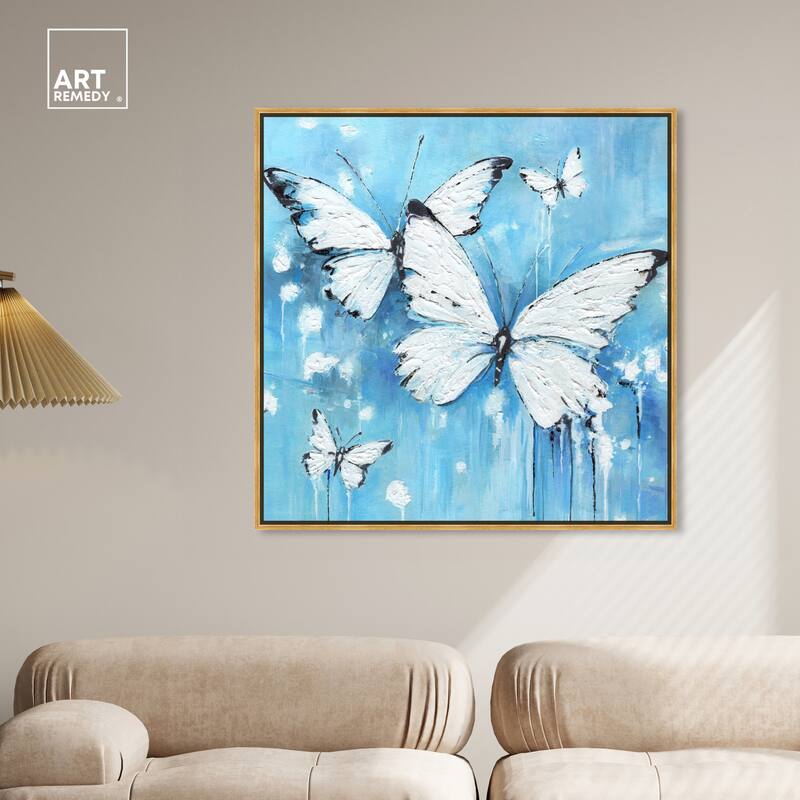 Art Remedy Textured Blue Butterflies Framed Butterfly 1 Piece Canvas Wall Art