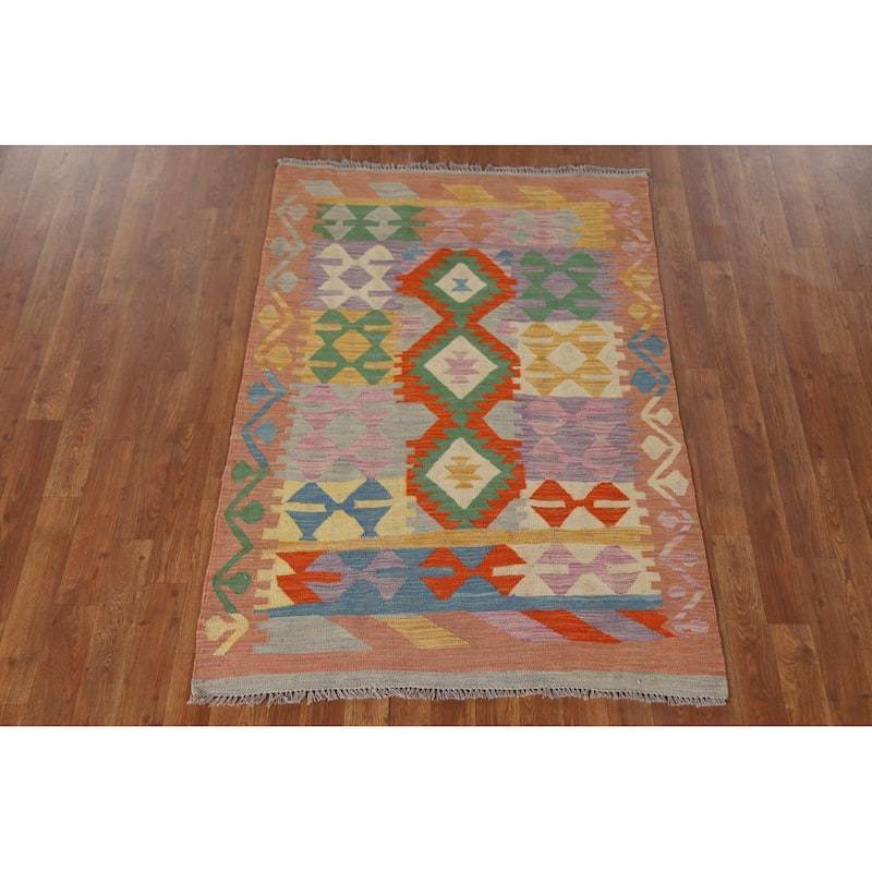 Geometric Kilim Accent Rug Flatweave Wool Carpet - 3'4"x 4'10"