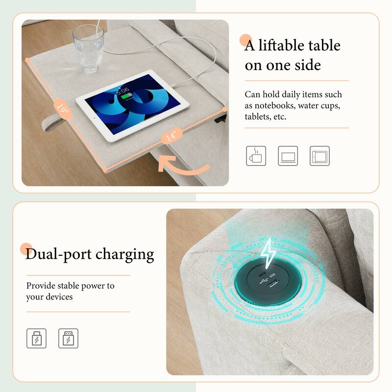 L-Shape Sectional Sofa with Folding Table, Dual-Port Charging, Side Pockets, 2 Pillows, Movable Ottoman, Chenille Modular Sofa