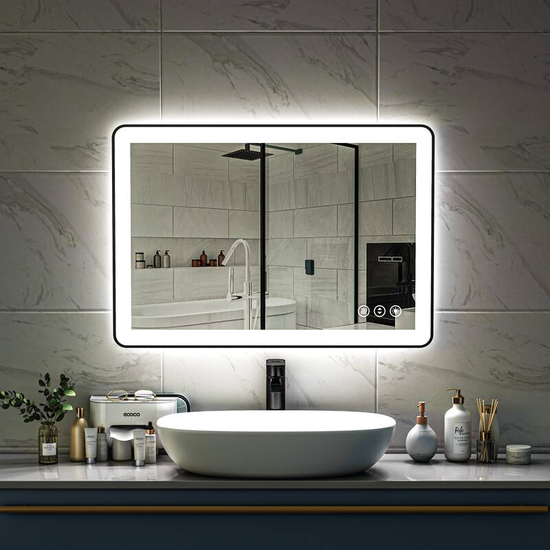 TOOLKISS Black Frame Anti-Fog Dimmable LED Light Vanity Bathroom Mirror with Backlit and Front Light