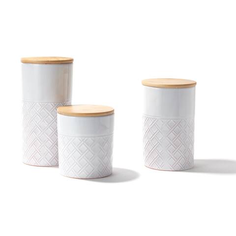 Diamond Embossed Canisters With Bamboo Lid, Set Of 3 - 8.2, 6.5, 4.75 inches x 4.25 inches dia.