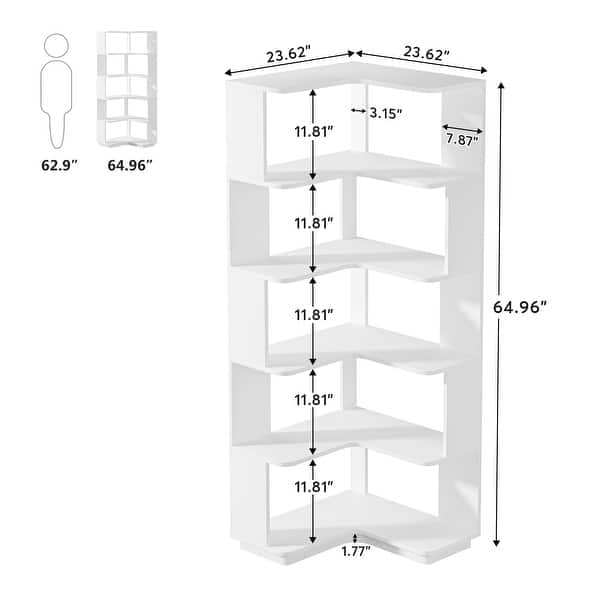 dimension image slide 1 of 6, 6-Tier Corner Bookshelf, 64.9 Inch Industrial Bookcase with Baffles