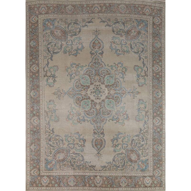 Traditional Tabriz Persian Rug Handmade Oriental Beige Wool Carpet - 8'11"x 11'3"